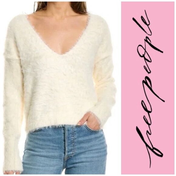 Free People Sweaters - FREE PEOPLE - NWT - L Sz M Serendipity, V-Neck, Fuzzy Sweater in Ivory Adorable!